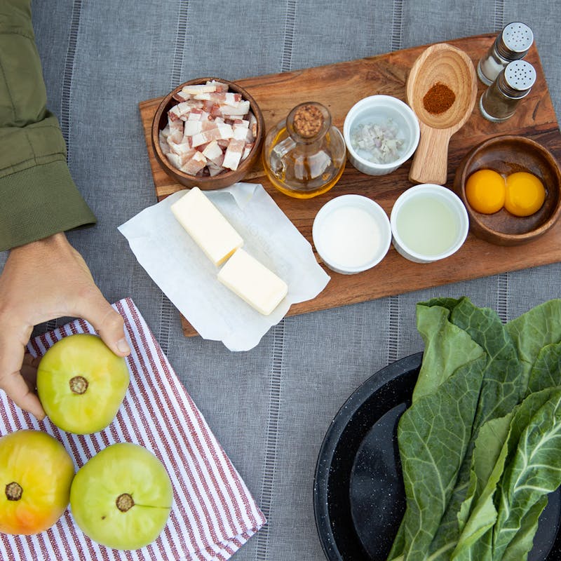 Ingredients to make fried green tomatoes benedict.