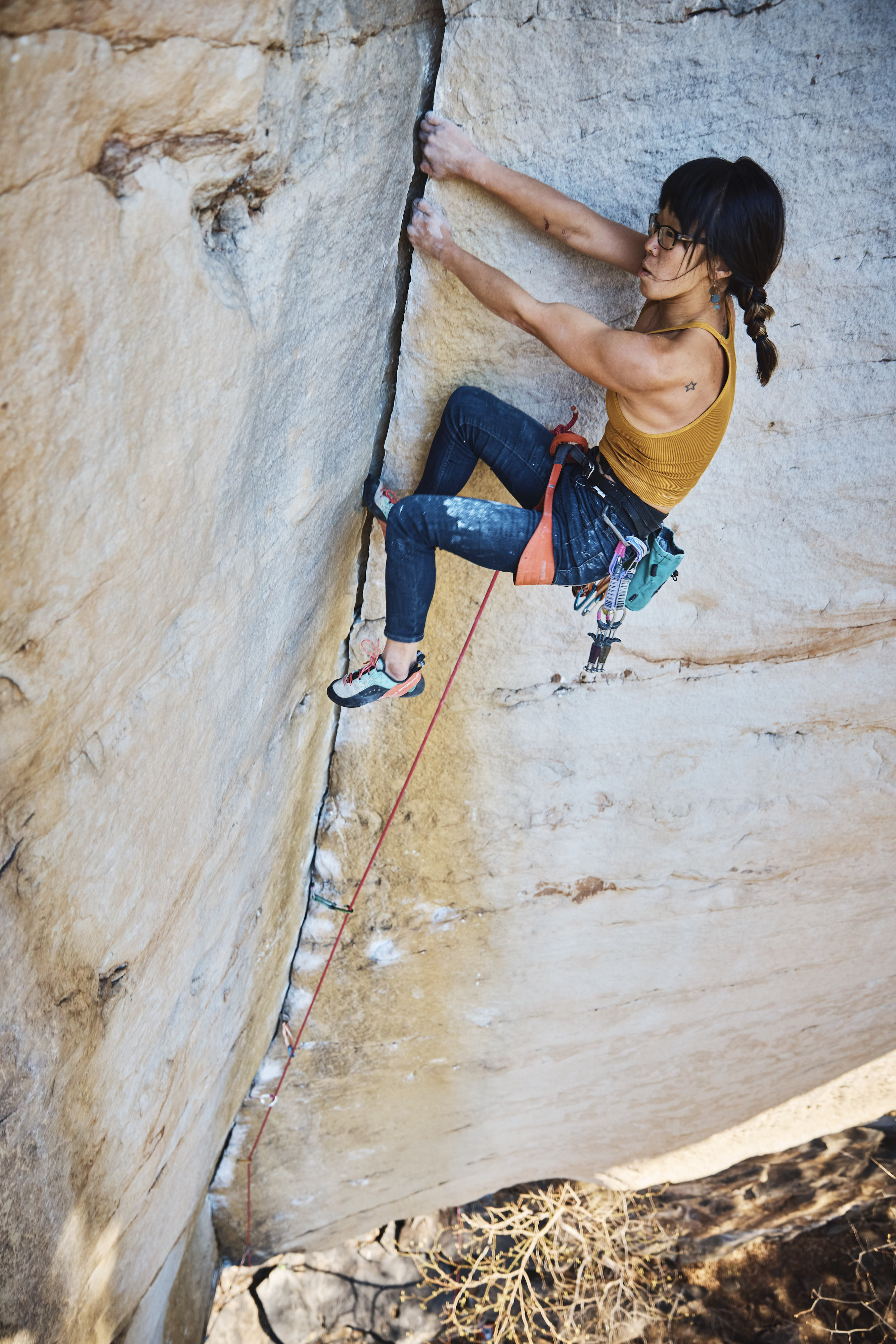 Kathy Karlo climbing up a mountain