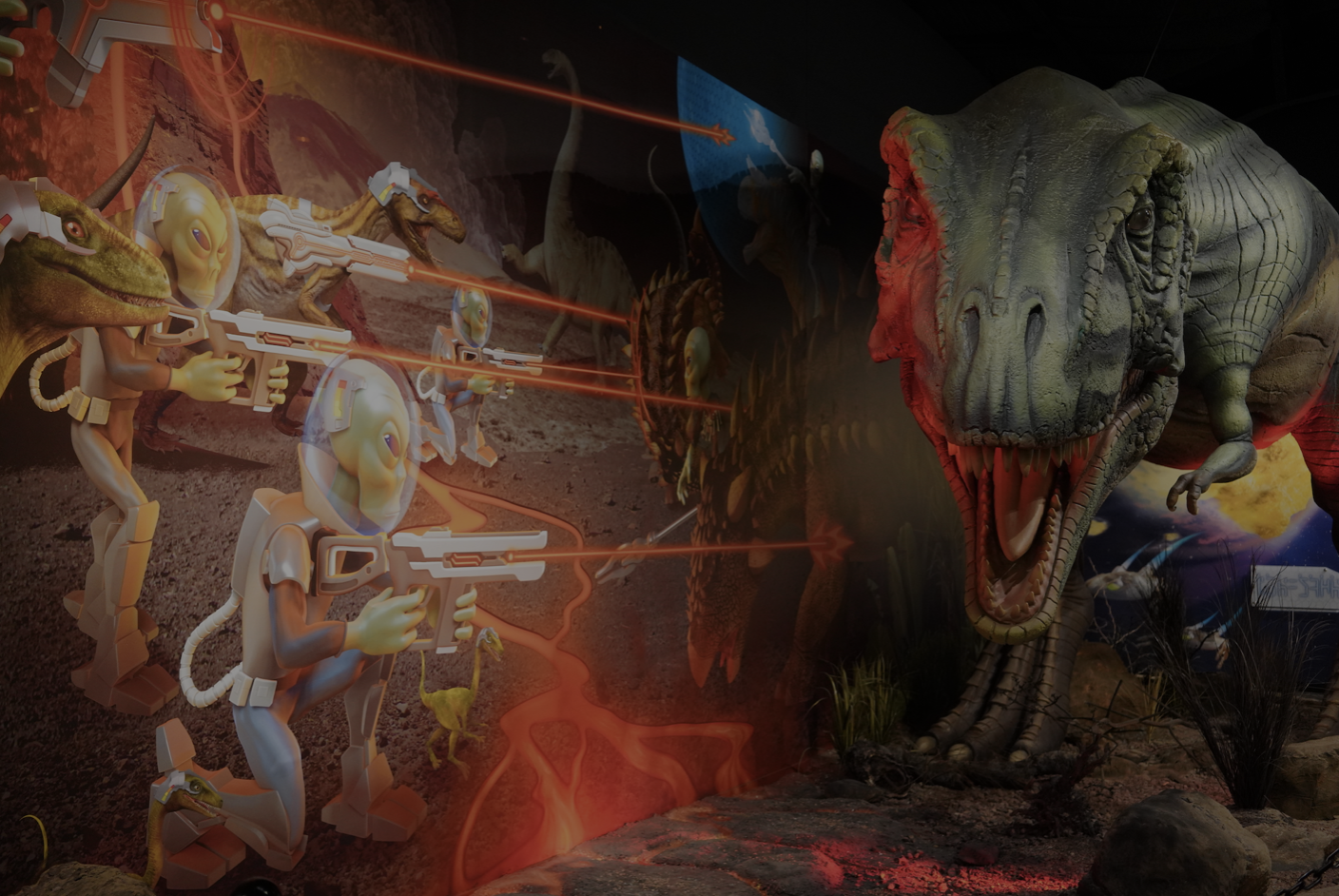 Picture of aliens shooting lasers at a giant t-rex at The Thing museum