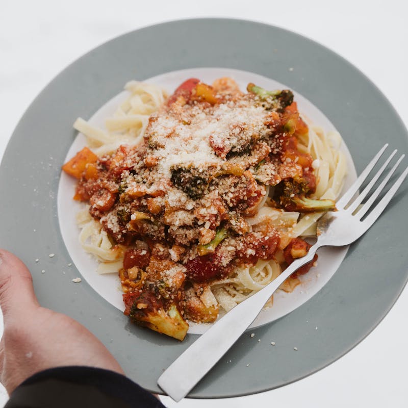 Close up of the finished dish on a plate.