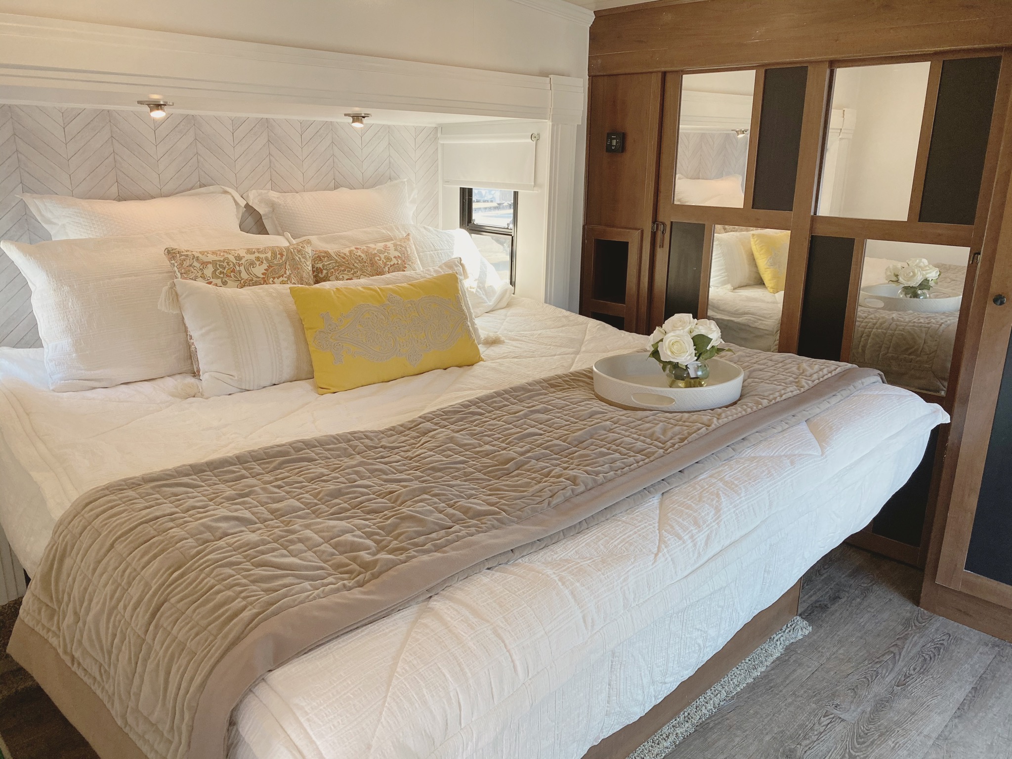 A cozy and inviting RV bedroom. 