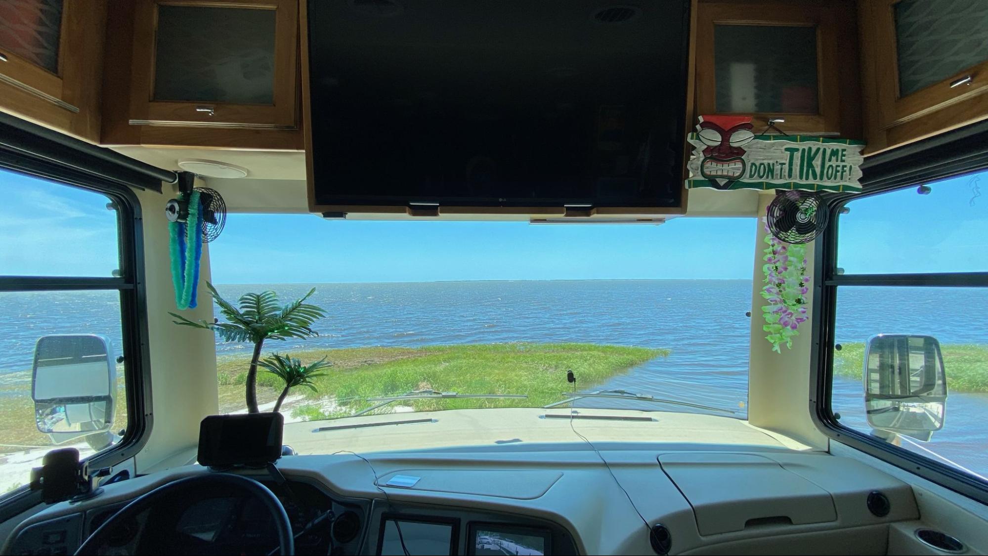 The ocean view looking out of Michael and Tiffany Dunagan's windshield in their Tiffin Allegro Open Road.