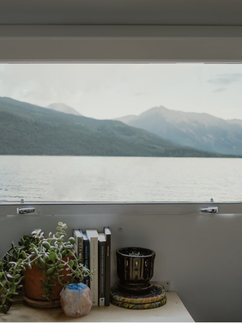 A view from the inside of an RV looking out the window to the Twin Lakes, in Colorado. 