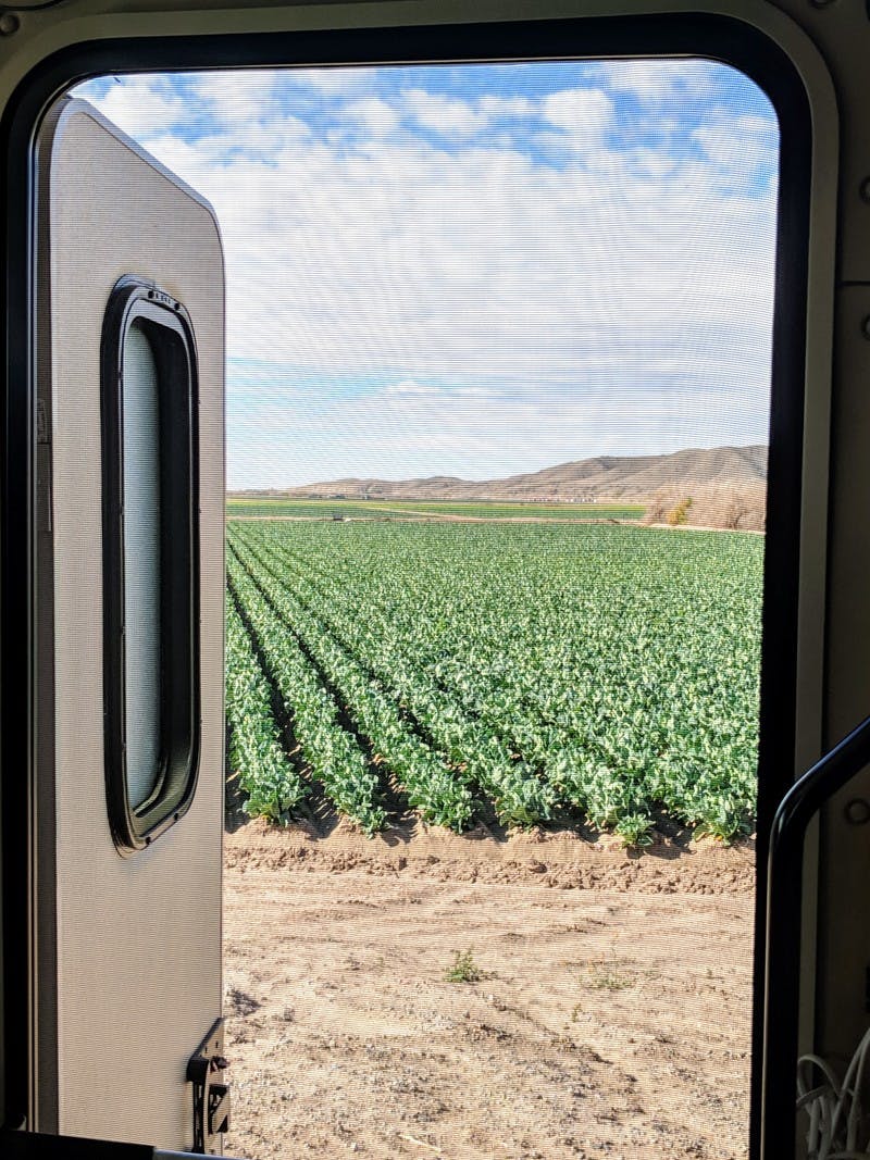 View outside the front screen door of an RV, looking out at a farm field, with brown mountains in the background.