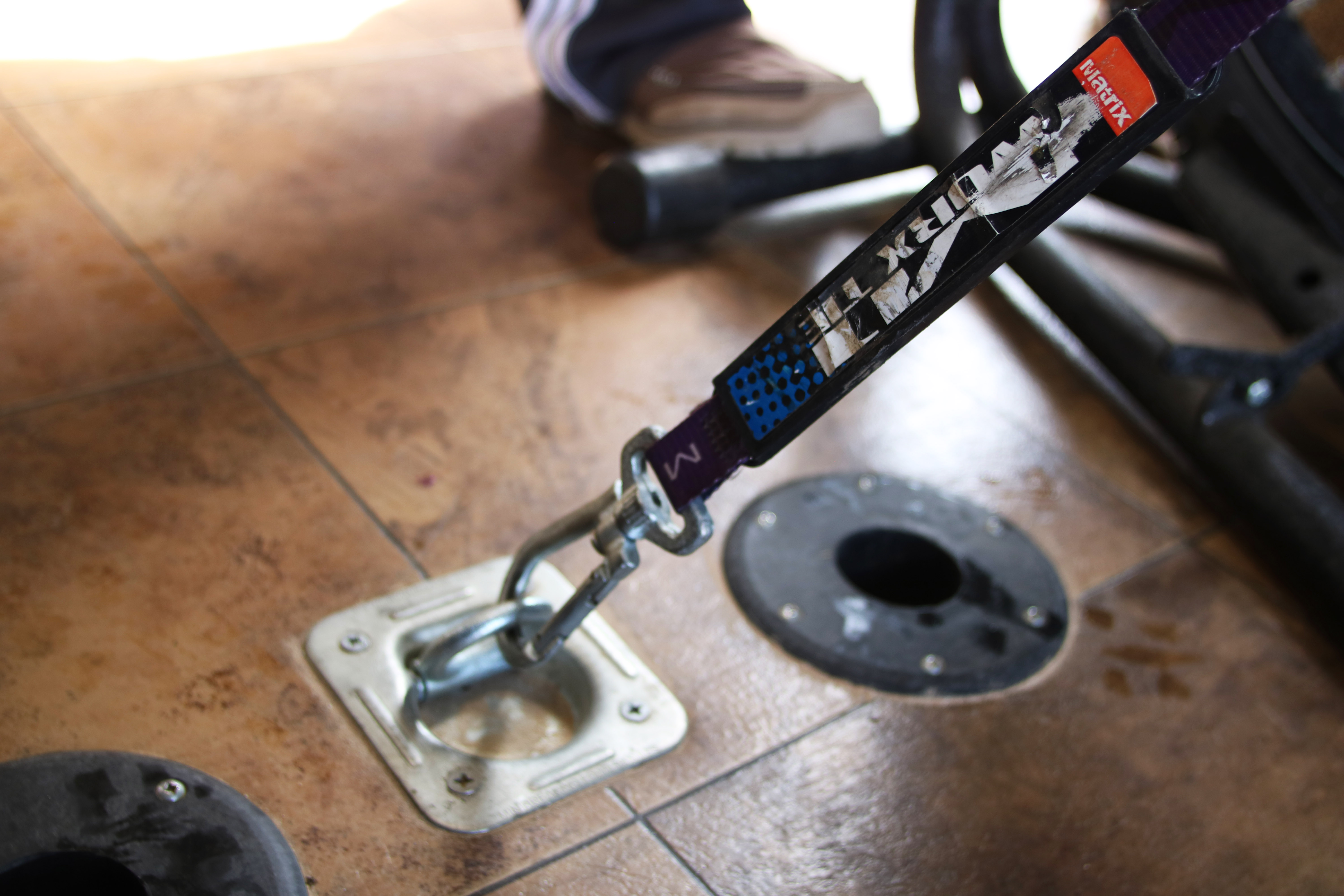 A close up shot of a mount ring installed in the back of a toy hauler.