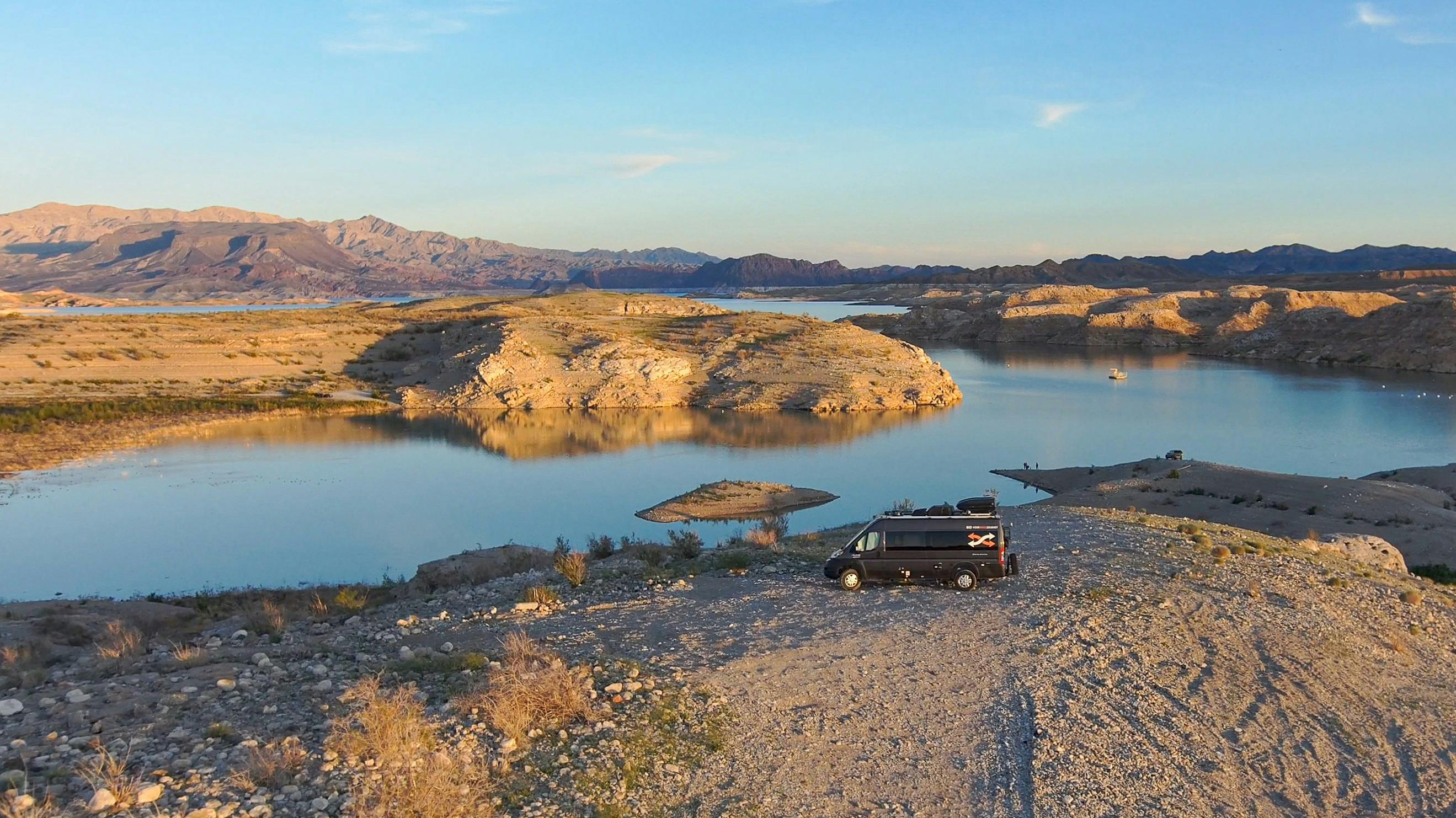 Gabe and Rocio's Class B Van boondocking in Vegas Bay