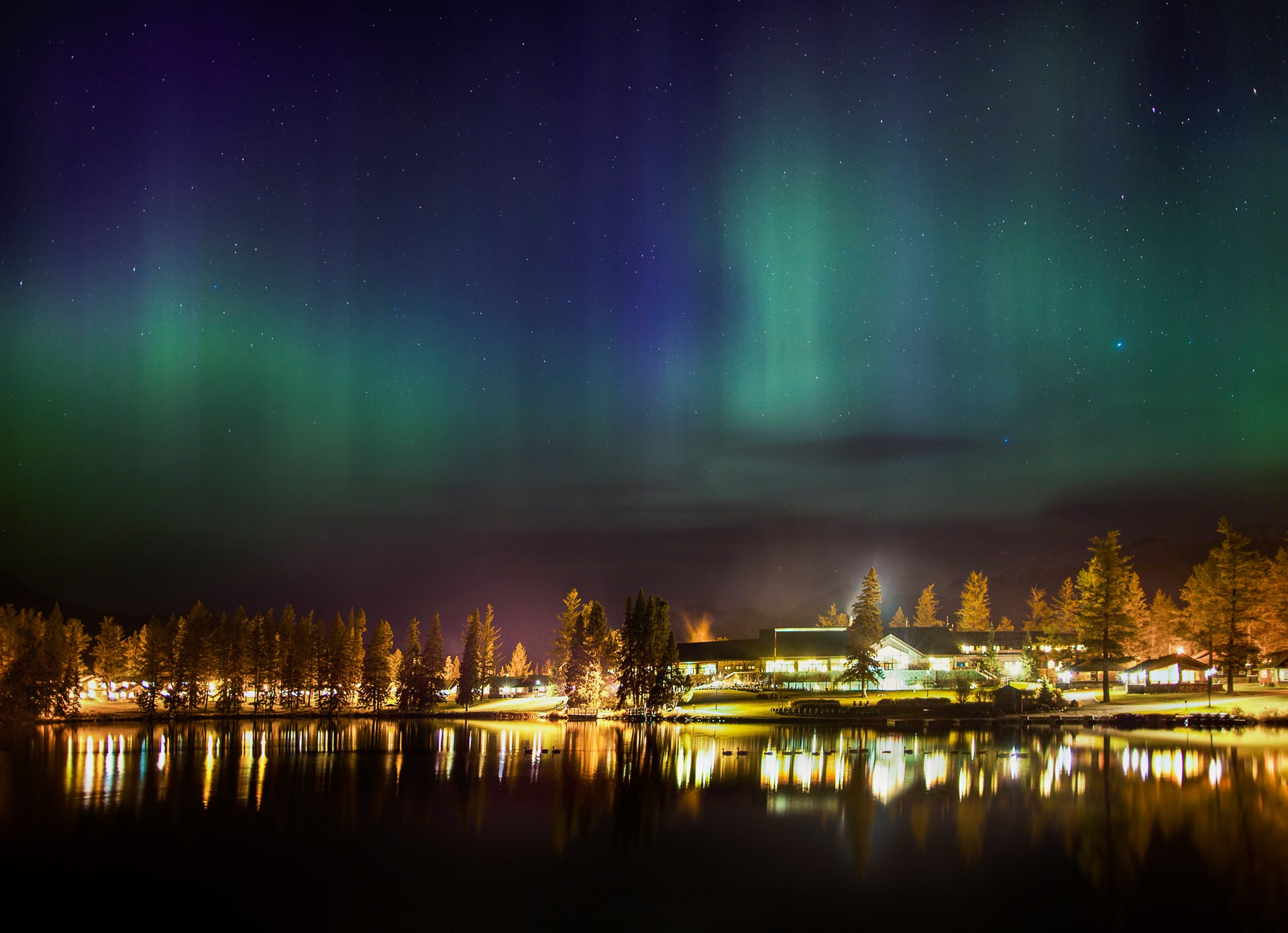 Aurora borealis over Jasper Park Lodge