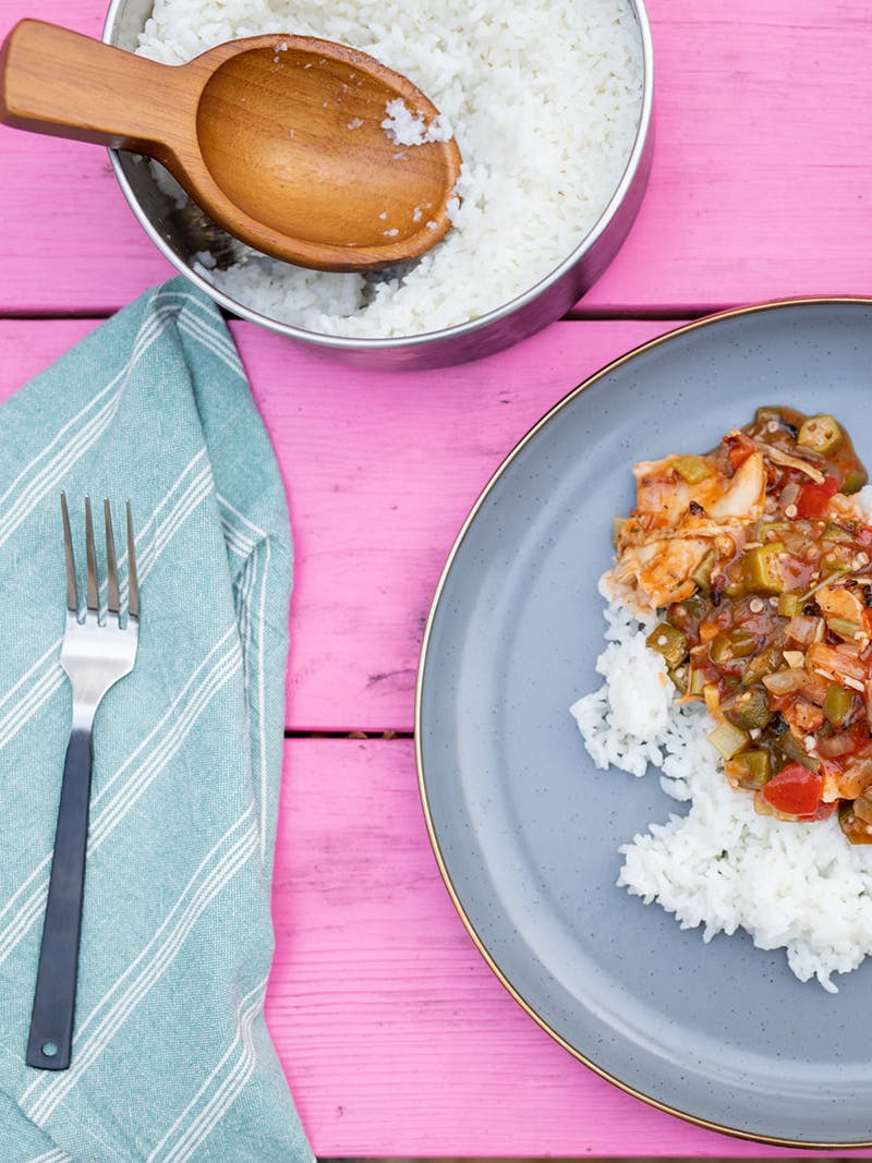 A plate of smothered chicken over rice on a hot pink picnic table.
