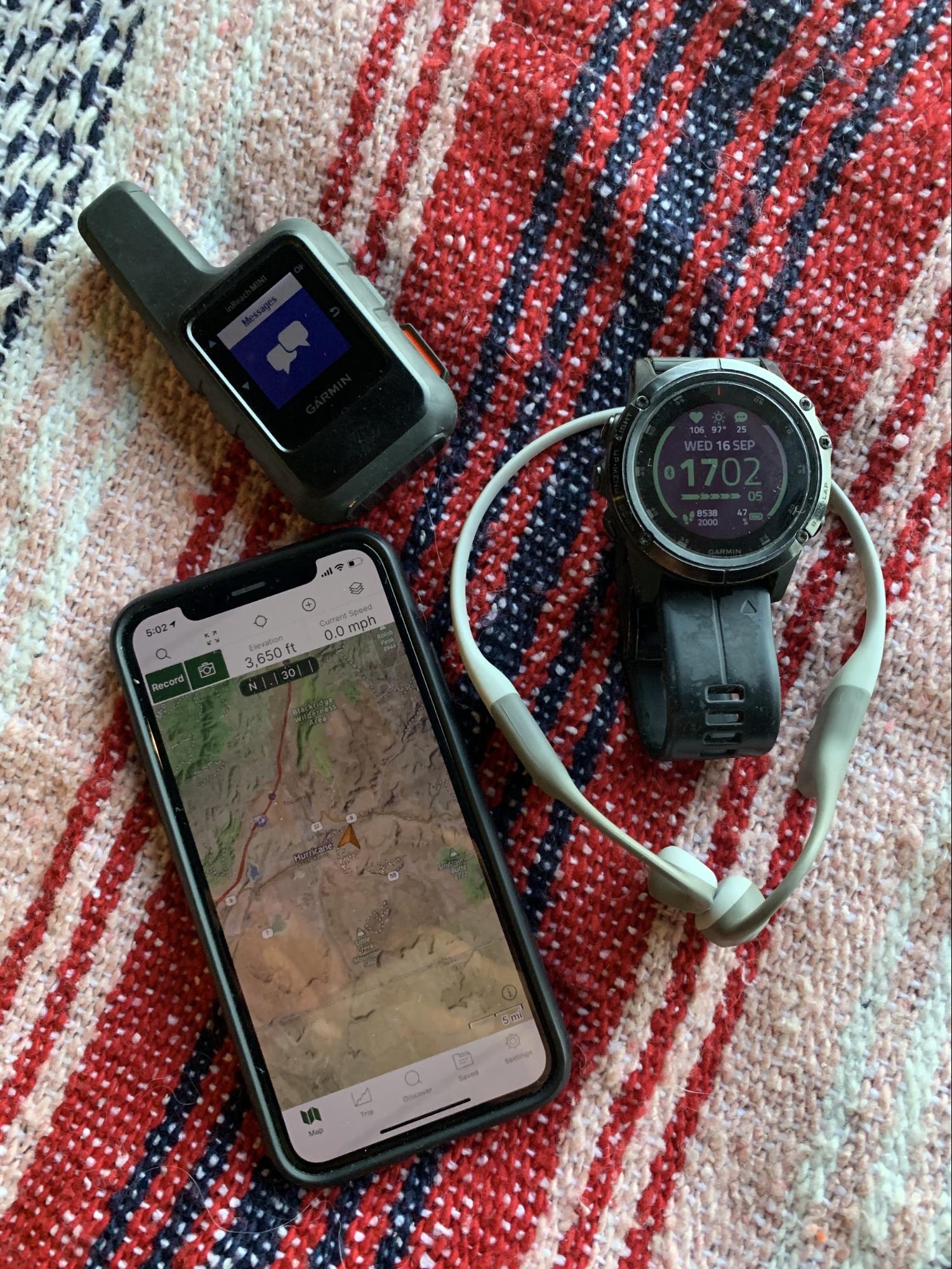 A GAIA GPS, Garmin InReach, Garmin Fenix and AfterShokz are all great for activity tracking and safety.