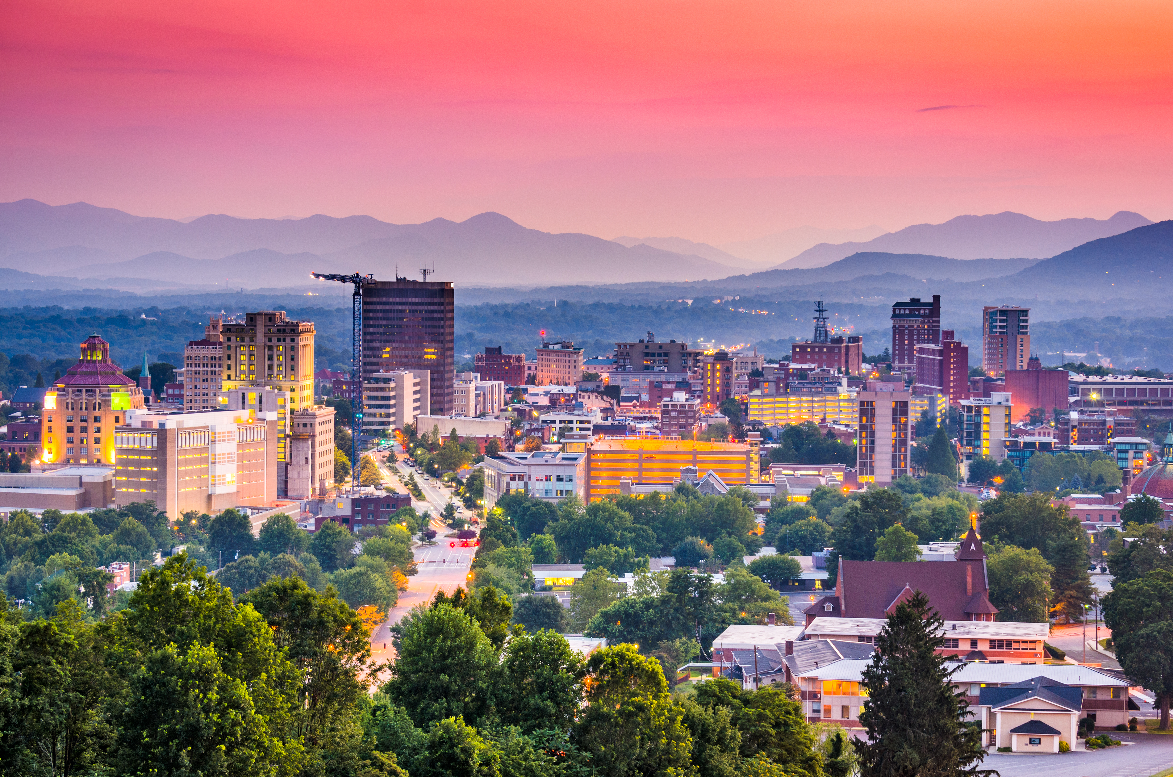 Downtown Asheville, North Carolina, USA at twilight