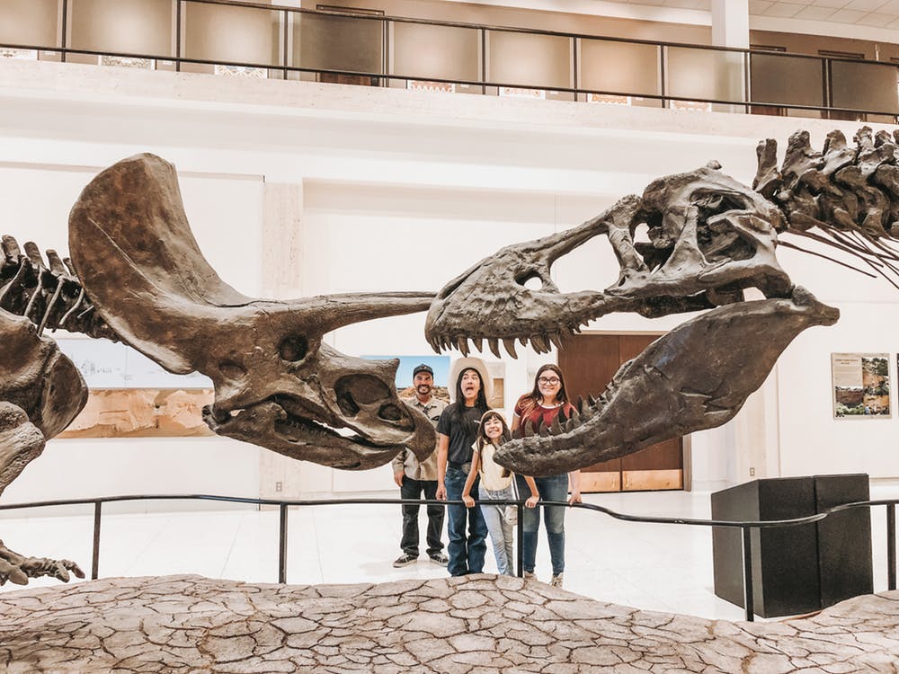 A family standing in a museum.