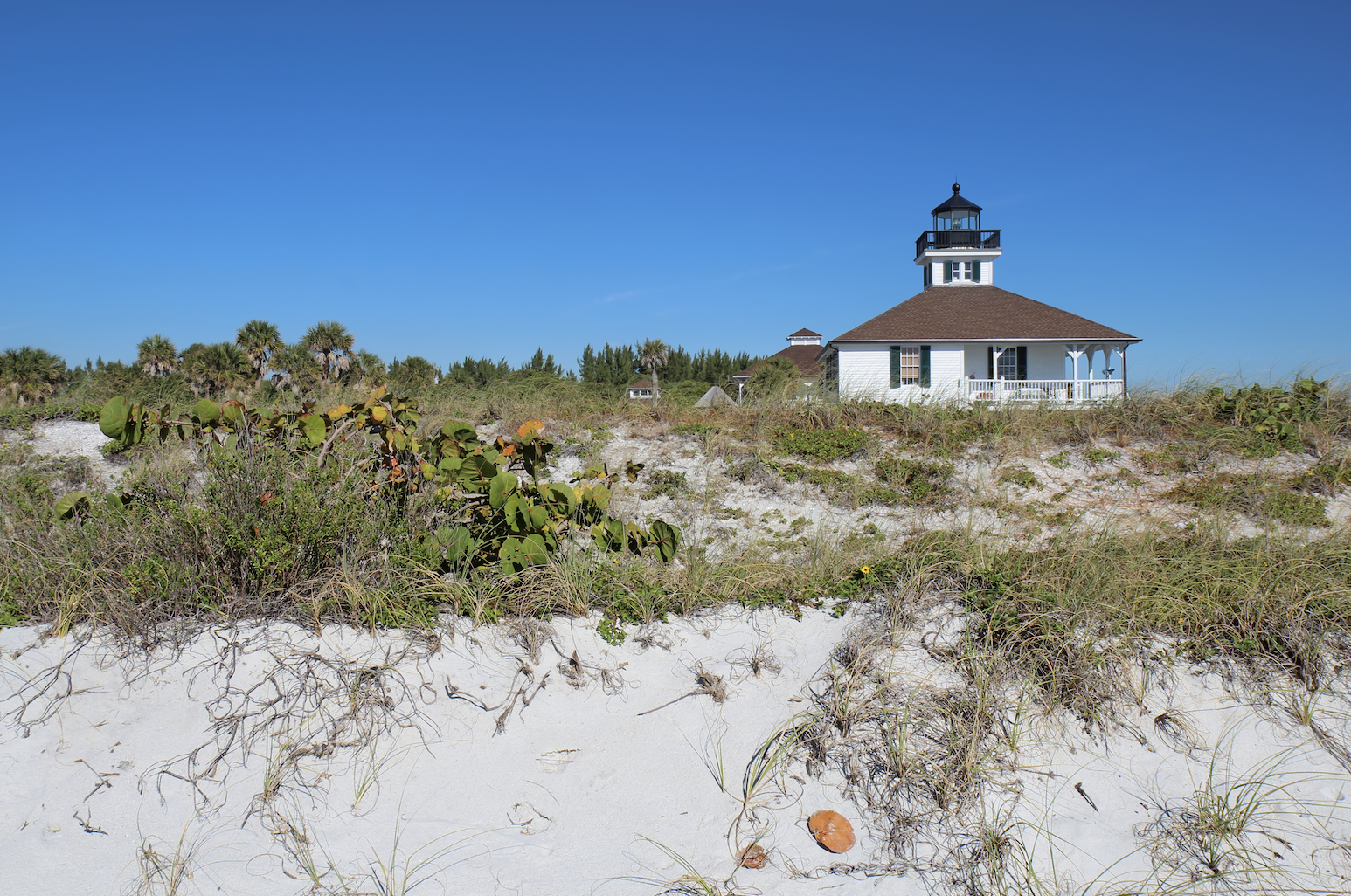 The Port Boca Grande Lighthouse on Gasparilla Island, Florida viewed from the sand dunes with sea oats and sea grape in the foreground and a clear blue sky